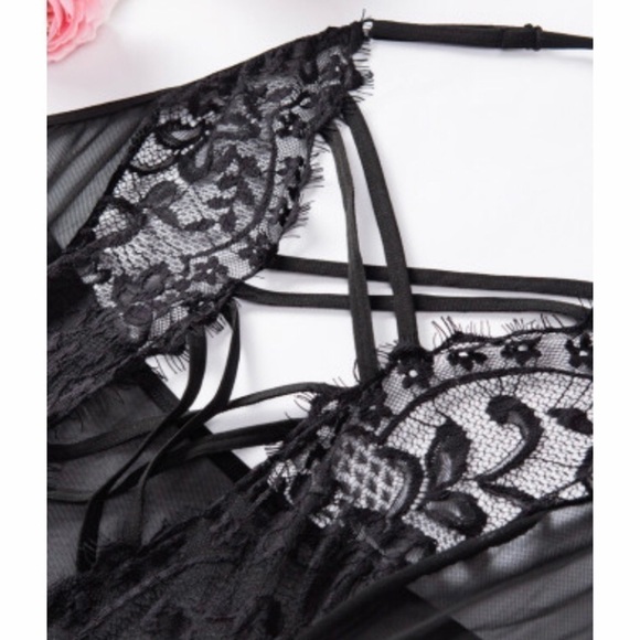 BLACK Strappy Lacy Bodysuit Teddy Lingerie. M-3XL - Picture 9 of 11